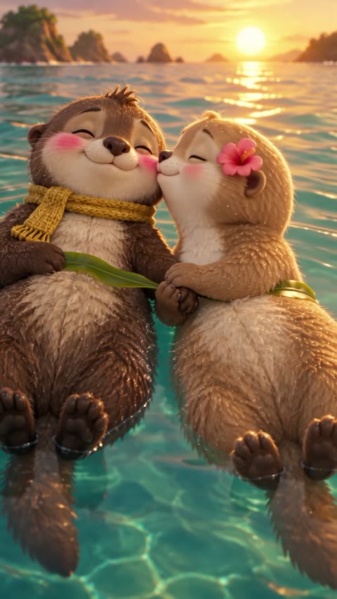 Lini kisses Jaja on the cheek while they float at sunset